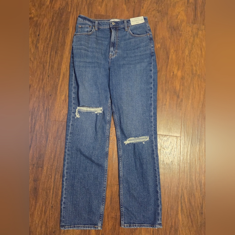 Abercrombie & Fitch Straight Leg Jeans in Medium Blue with Distressed Knees